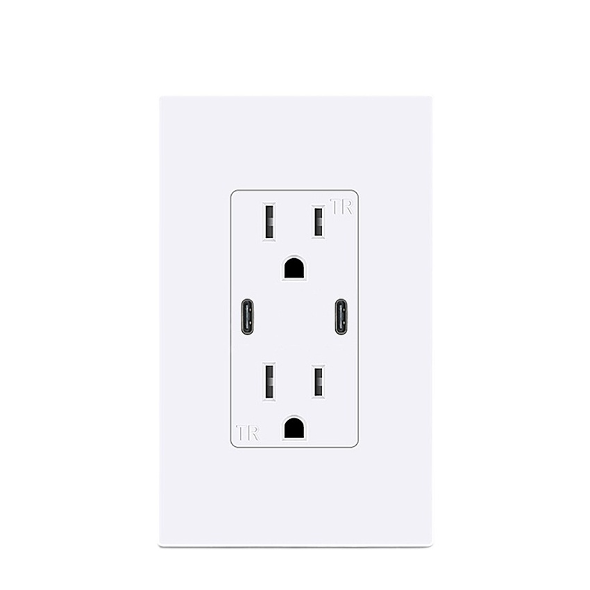 US wall Outlet  3.6A 2Type C PD Fast charge  125V Tamper Resistant Receptacle Frame and Cover white built-in ground Socket