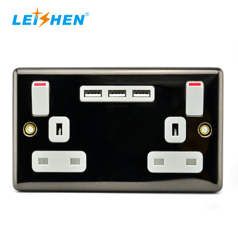 BS Standard Metal Plane 13A Electric UK Wall Socket Switch 3 USB-A 5V/3.1A USB Wall Charger Double Socket