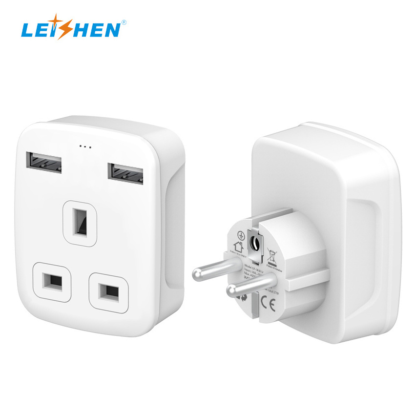 Leishen 2USB UK to European Adapter Plug, EU Travel Europe Grounded Plug converter  Charger Adaptor with 2 USB Ports