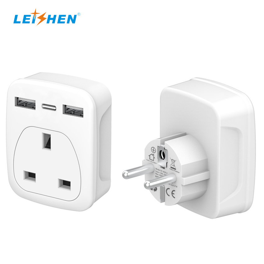 Leishen UK to EU 4-IN-1 Power Strip Travel Essentials Plug with 3 USB Ports European Travel Plug Adapter for Travel Cruise Ship