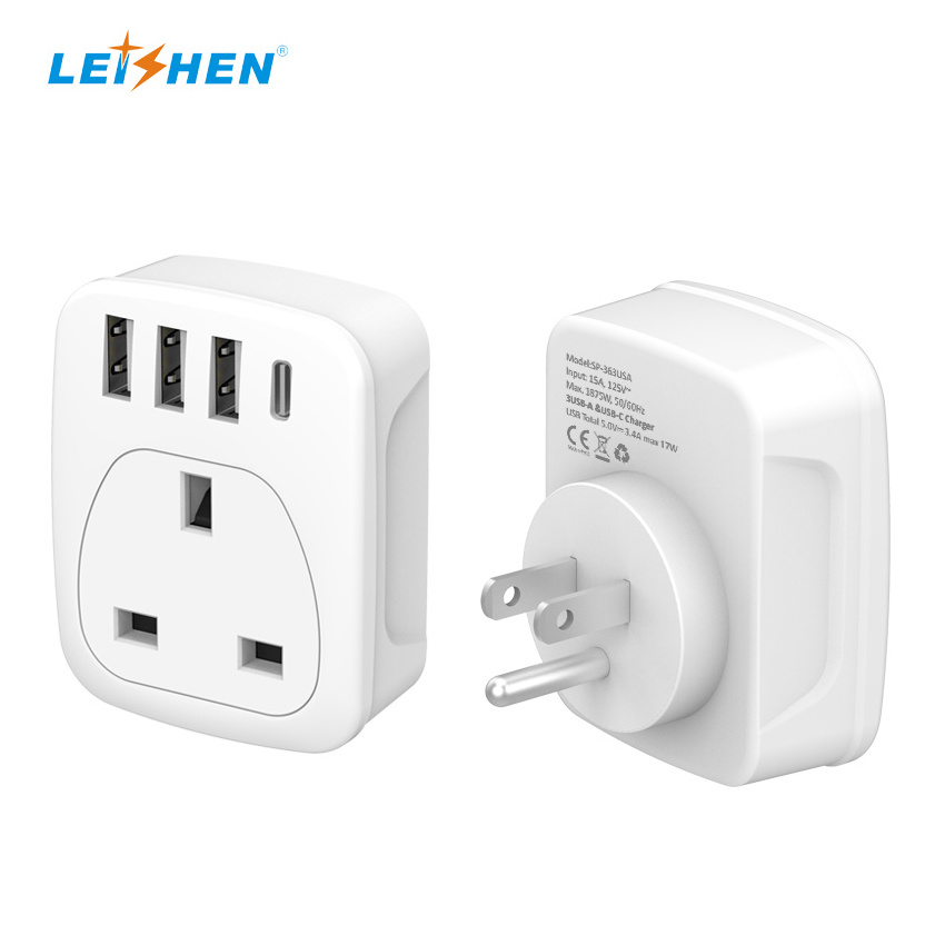 Leishen UK to USA 5-IN-1 Power Strip Travel Essentials Plug with 4 USB Ports for USA to Qatar Ireland England Kenya Dubai London