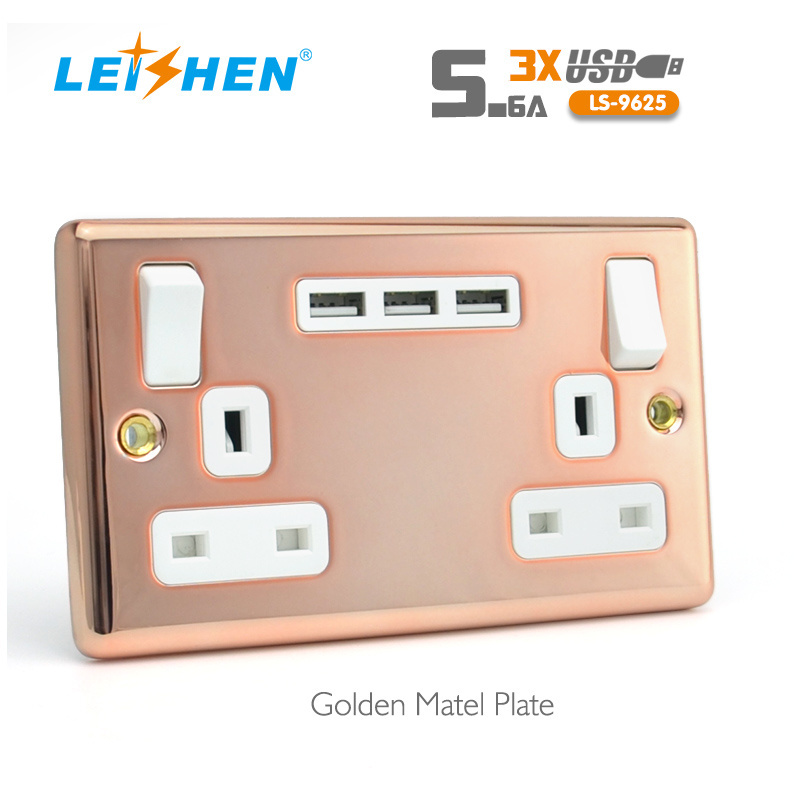 BS Standard Metal Plane 13A Electric UK Wall Socket Switch 3 USB-A 5V/3.1A USB Wall Charger Double Socket