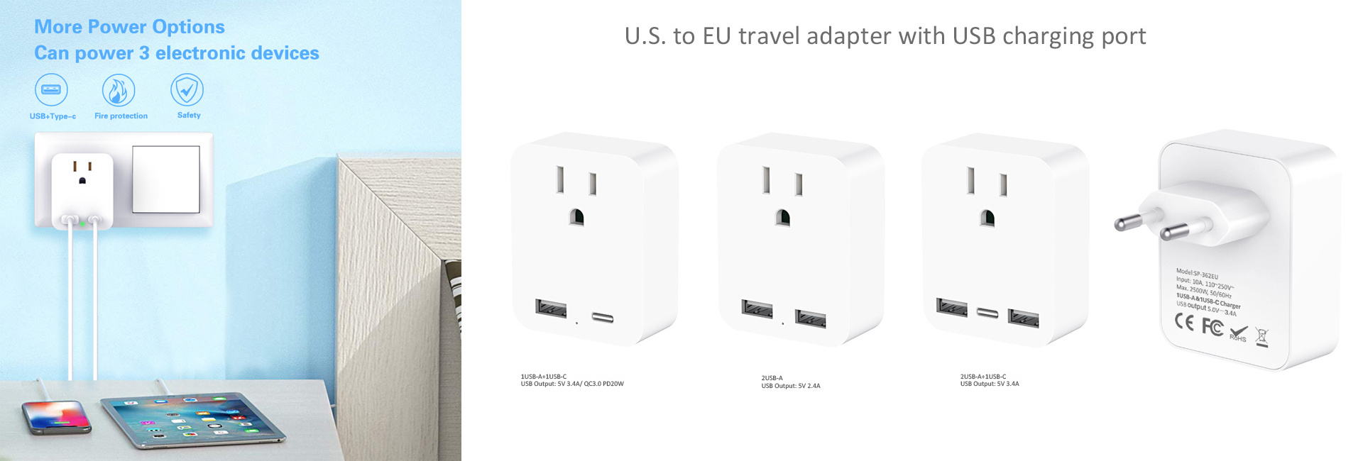 Leishen European Travel Plug Adapter US to EU International Plug Adapter Travel Essentials for EU Spain France German Iceland