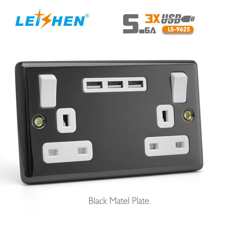 BS Standard Metal Plane 13A Electric UK Wall Socket Switch 3 USB-A 5V/3.1A USB Wall Charger Double Socket