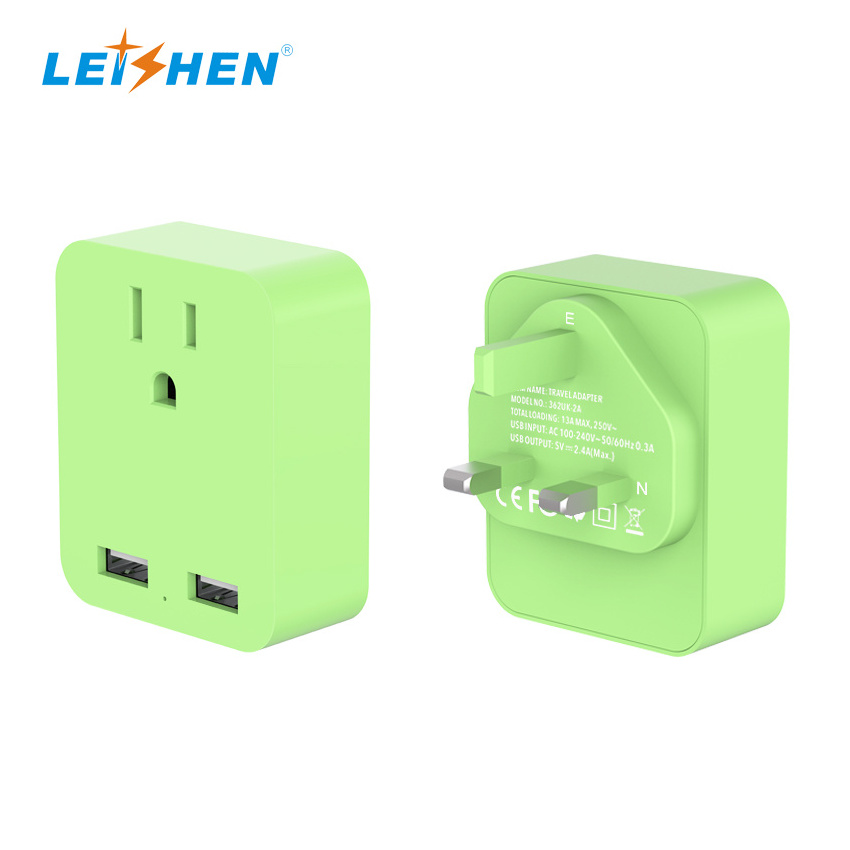 Leishen US to UK Plug Adapter 2 USB-A Type G Power Adapter Travel Essentials Plug for USA to Qatar Ireland England Dubai London