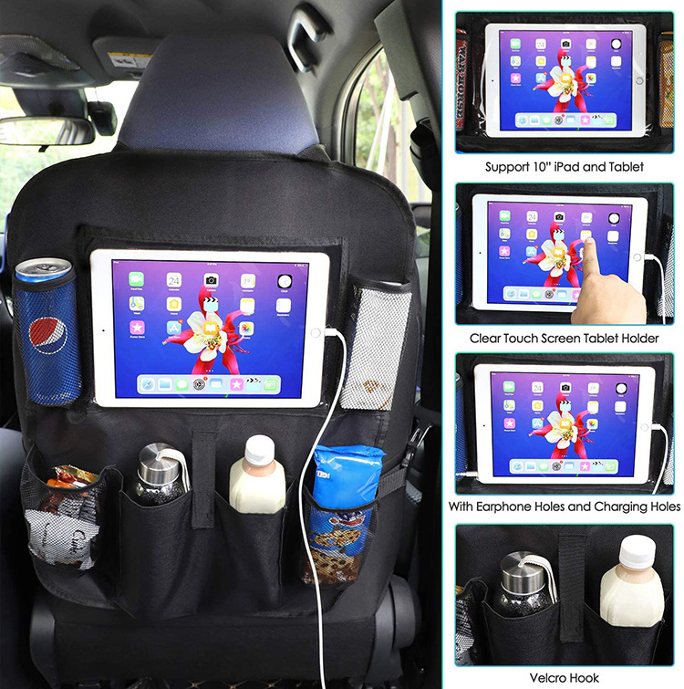 Car Front Back Seat Organizer Mesh Pockets Seat Back Protectors Kick Mats Car Pocket Boot Organizer with Touch Screen