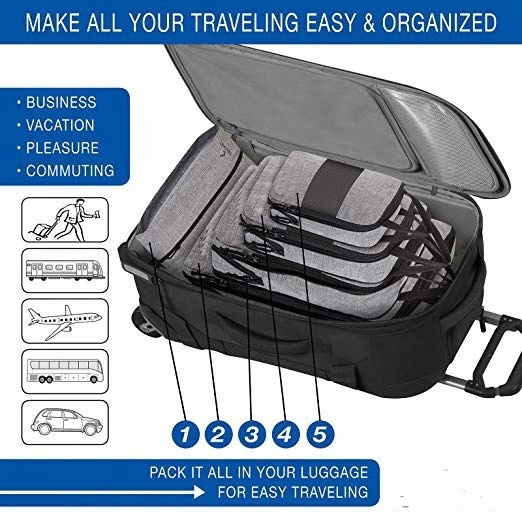 5 Pieces Travel Suitcase Organizer Travel Compressed Expanded Packing Cubes With Shoe Bag