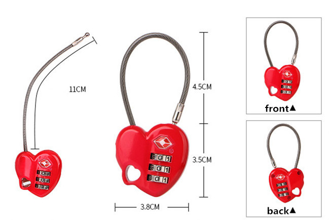 Custom Cheap Tsa Approved 3 Digit Combination Cable Digit Lock Safe Padlock Heart Shape Password Combination Lock