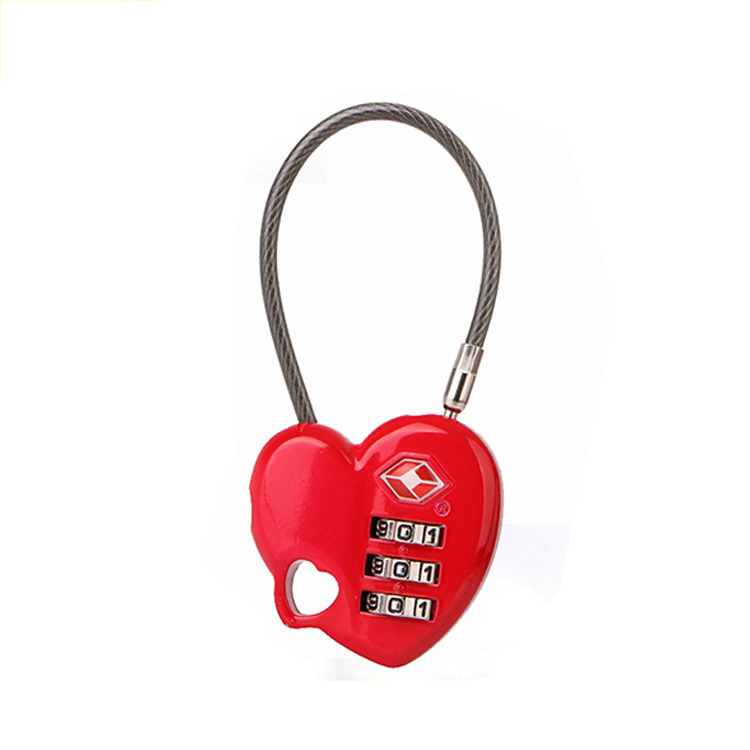 Custom Cheap Tsa Approved 3 Digit Combination Cable Digit Lock Safe Padlock Heart Shape Password Combination Lock