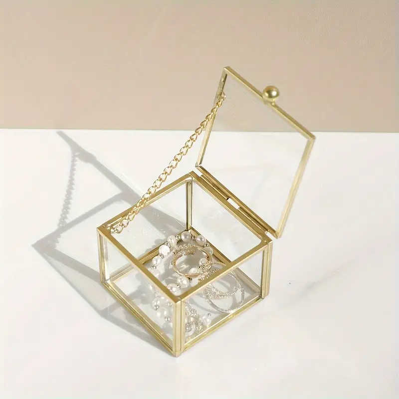 Square Glass Jewelry Box Golden Trinket Box Jewelry Storage Tray Earrings Ring Bracelet Necklace Jewelry Decorative Box Dresser