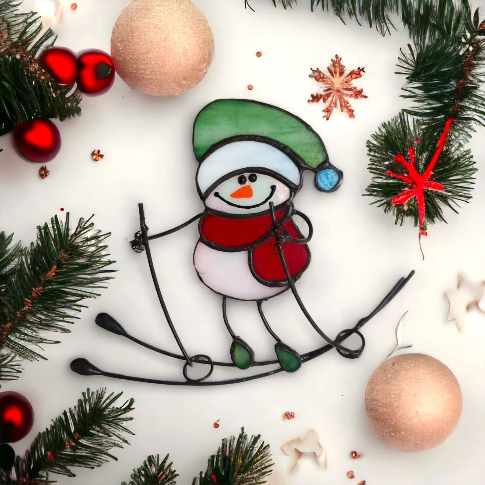 Stained Glass Snowman who skis  Christmas Decor Christmas Gifts Christmas suncatcher  stained glass window hangings