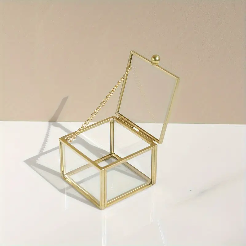 Square Glass Jewelry Box Golden Trinket Box Jewelry Storage Tray Earrings Ring Bracelet Necklace Jewelry Decorative Box Dresser