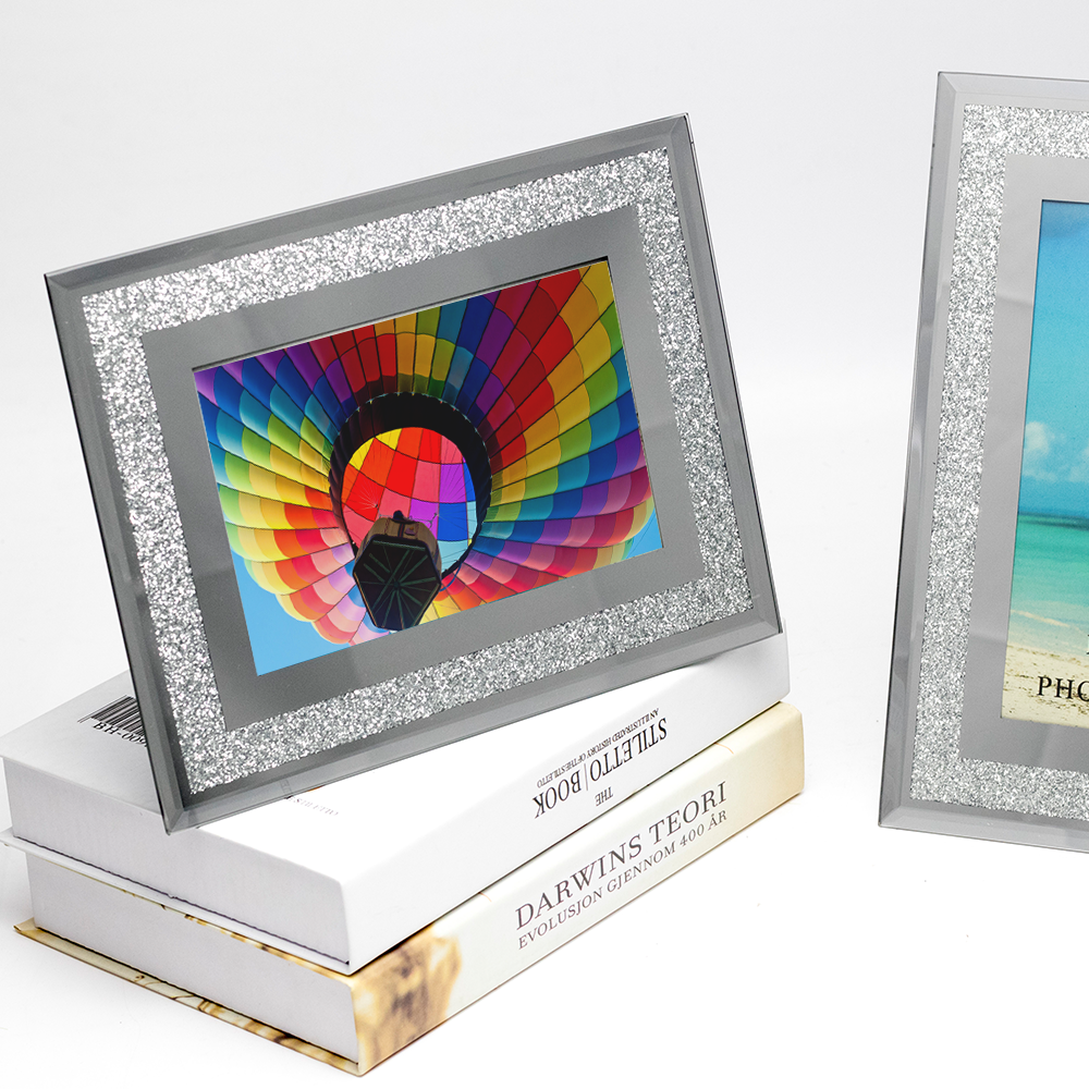 Silver Glitter 6 Inch Sublimation Glass Mirror Photo Frame Simple Fashionable Sparkle Picture Organizer For Home Decoration