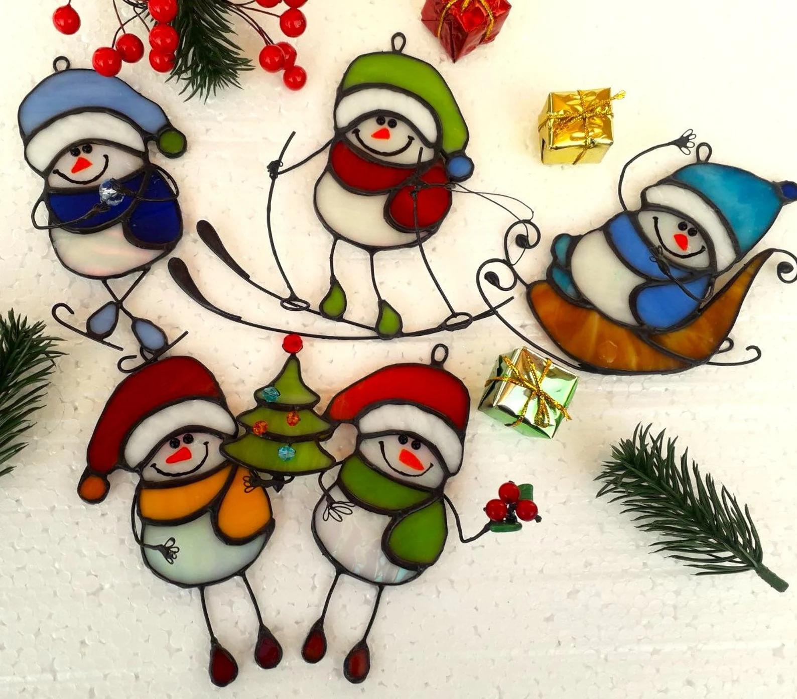 Stained Glass Snowman who skis  Christmas Decor Christmas Gifts Christmas suncatcher  stained glass window hangings