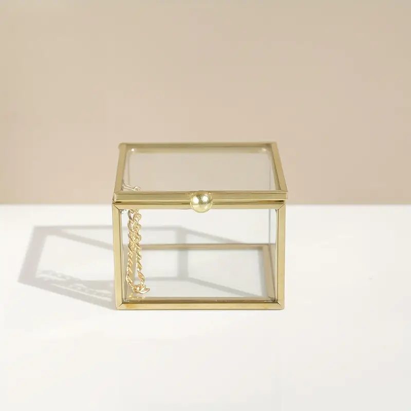 Square Glass Jewelry Box Golden Trinket Box Jewelry Storage Tray Earrings Ring Bracelet Necklace Jewelry Decorative Box Dresser