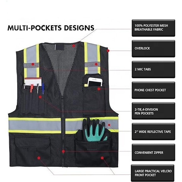 Safety Vest With Zipper Hi Vis Reflective Mesh Vest for Men ANSI Class 2 High Visibility Vest With 8 Pockets and Zipper