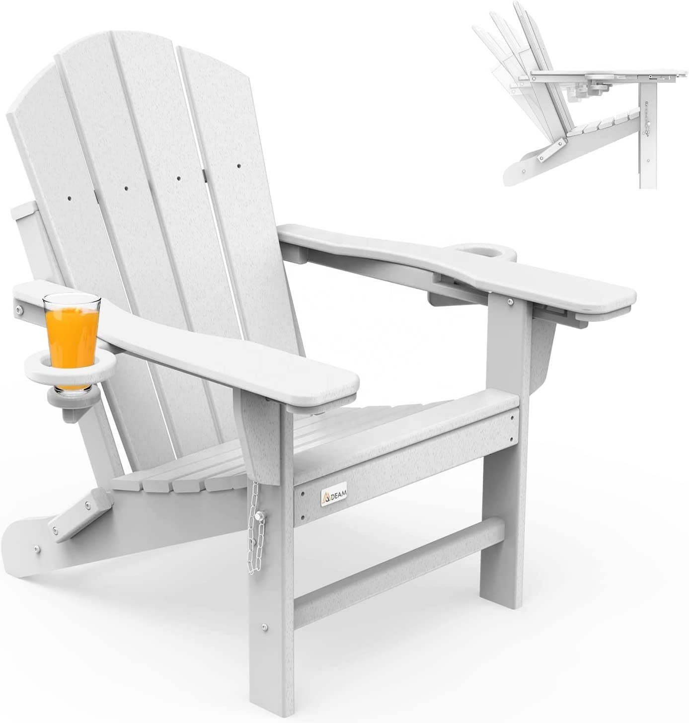 Outdoor Folding All Weather Heavy Duty Adirondack Chair with Footrest 2 Cup Holder on Armrest, Fade & Rust Resistant HDPE