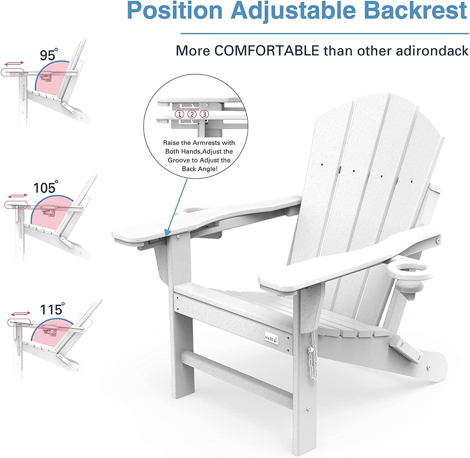 Outdoor Folding All Weather Heavy Duty Adirondack Chair with Footrest 2 Cup Holder on Armrest, Fade & Rust Resistant HDPE