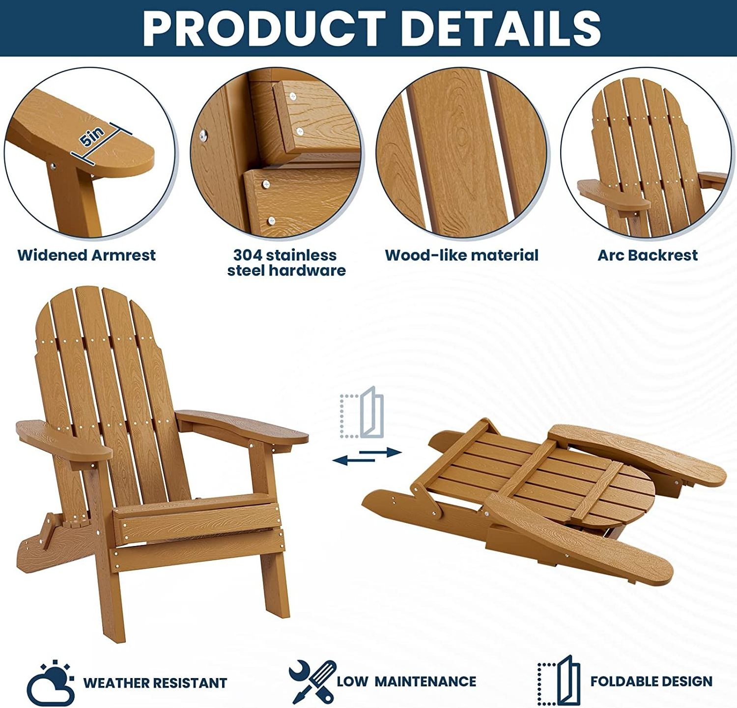 Teak Foldable Weather Resistant  Treeents Folding Adirondack Chair