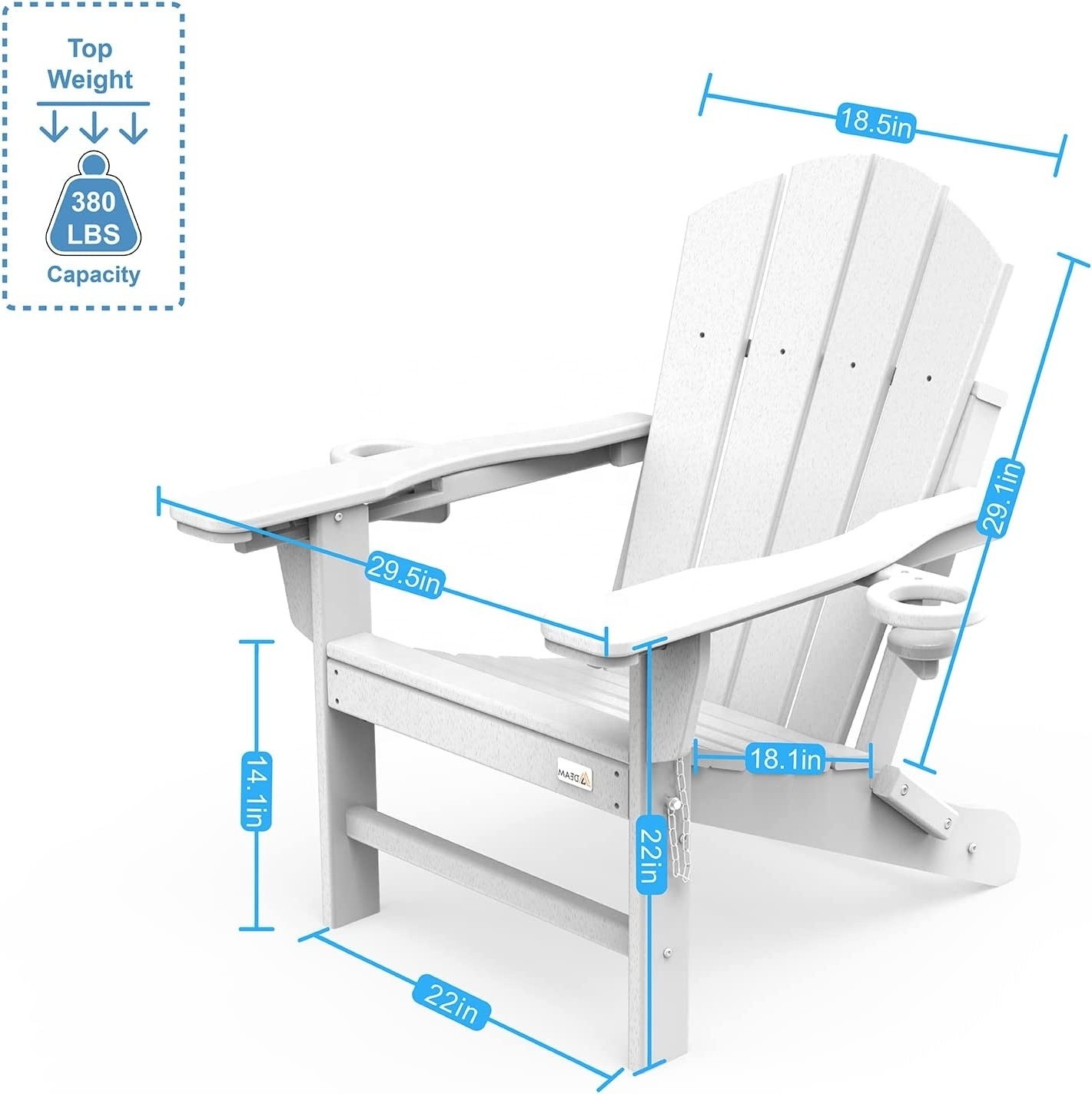 Outdoor Folding All Weather Heavy Duty Adirondack Chair with Footrest 2 Cup Holder on Armrest, Fade & Rust Resistant HDPE