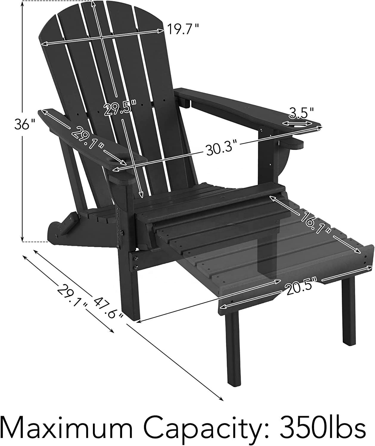 Outdoor Folding Plastic Treeents Adirondack Chair with Footrest 2 Cup Holder on Armrest, Fade and Rust Resistant HDPE