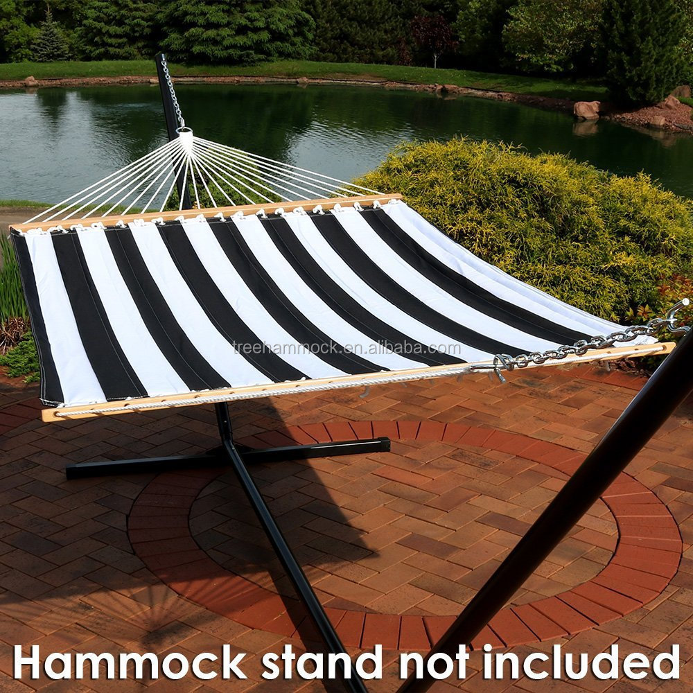 2 Person canvas Hammock with Spreader Bars,  Heavy Duty 450 Pound Capacity black and white striped hammock with stand