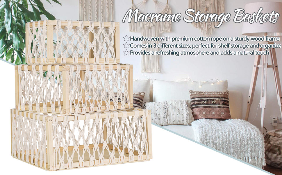 Macrame Storage Baskets for Shelves and Closet, Boho Decorative Boxes for Home Decor, Perfect Pampas Grass Holder at Living Roo