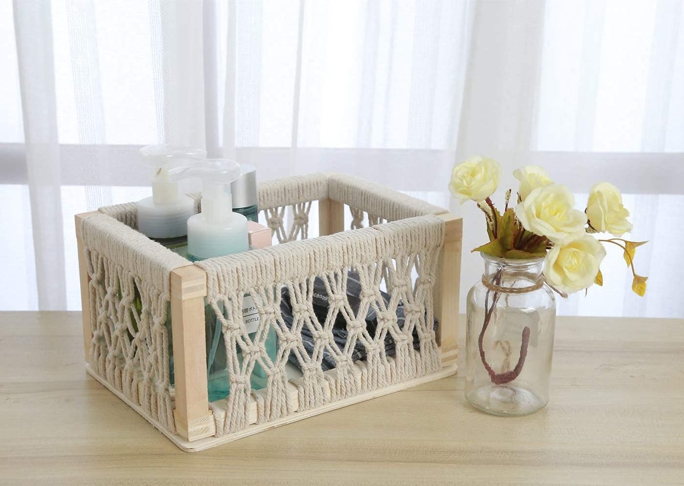 Macrame Storage Baskets for Shelves and Closet, Boho Decorative Boxes for Home Decor, Perfect Pampas Grass Holder at Living Roo