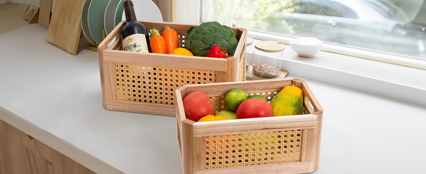 Natural Bamboo Wood Storage Box  Antique Box Basket, Kitchen Pantry, Cabinets or Counters Multipurpose Home Collection