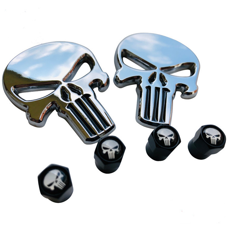 Metal Punisher Decal Sticker Emblem w/ Matching Wheel Tire Valve Caps