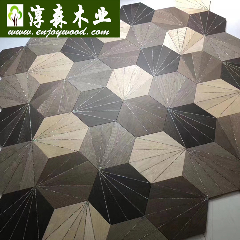 Stone Marble Steel Brass Inlay Hexagon Design Wood Flooring Patterned Parquet Wood Flooring Art Parquet Wood Flooring