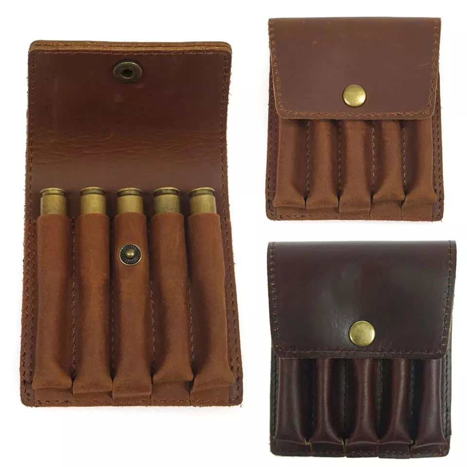 2023 Tactical 5 Round Cartridges Holder Clip Thick Leather Ammo Pouch Carrier Bullet Shell Bag Hunting