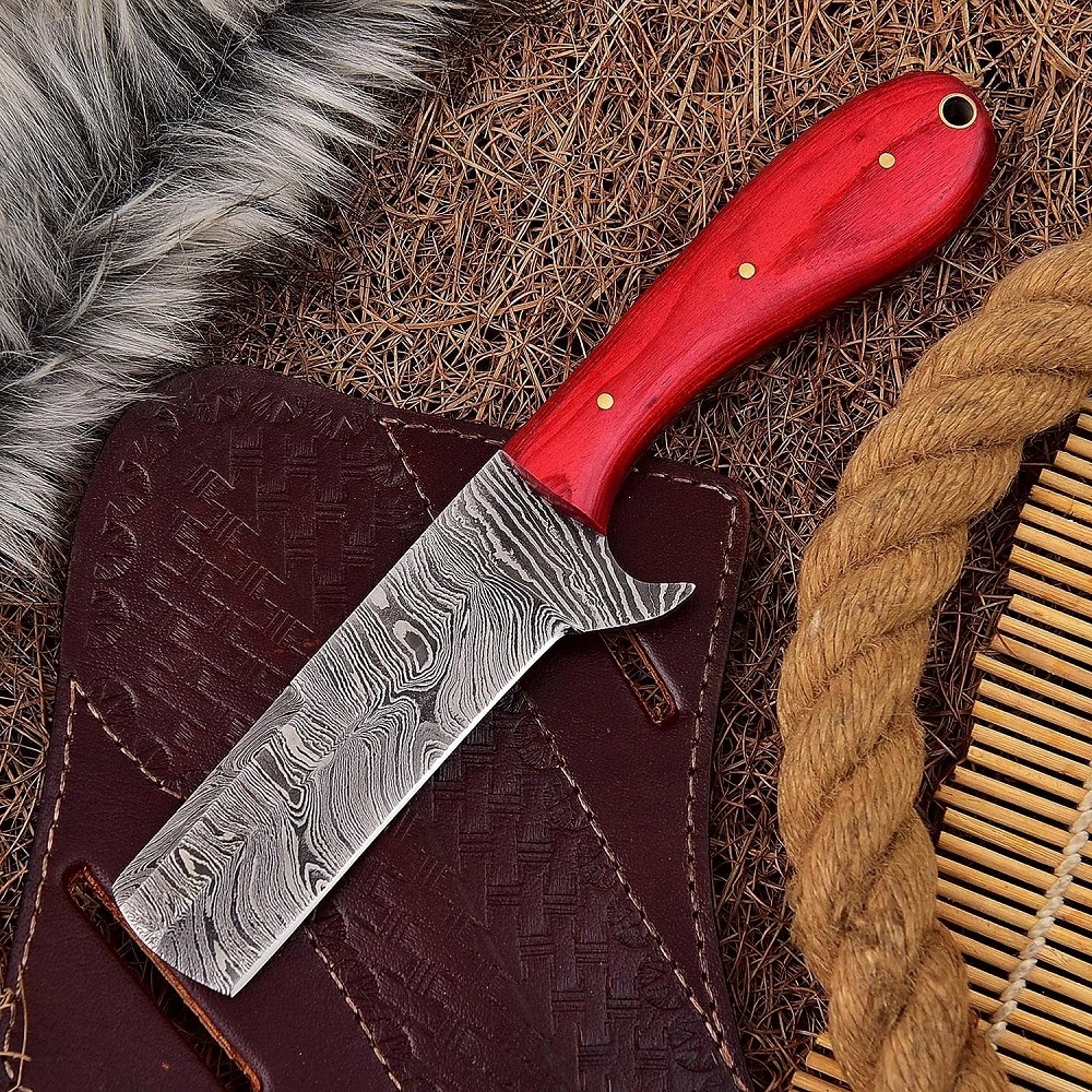 Handmade Damascus Steel Castration Bull Cutter Knife Camping Hunting Fixed Blade Cowboy Knife with Leather Sheath