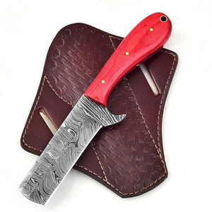 Handmade Damascus Steel Castration Bull Cutter Knife Camping Hunting Fixed Blade Cowboy Knife with Leather Sheath