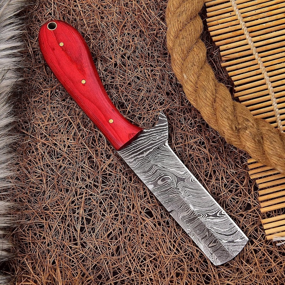 Handmade Damascus Steel Castration Bull Cutter Knife Camping Hunting Fixed Blade Cowboy Knife with Leather Sheath