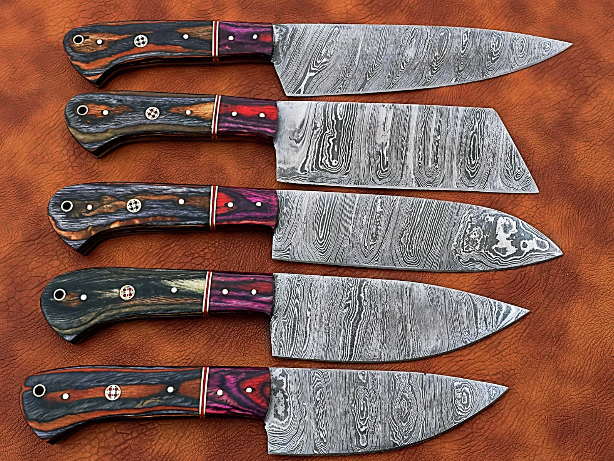 Handmade Damascus Kitchen Chef's Knife Set 5 Pieces Forging Mark Blades Kitchen Knives with Bag Model No 176