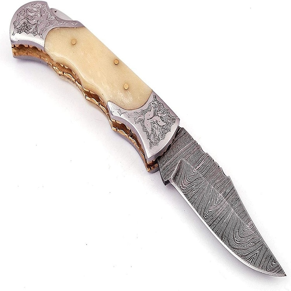 Handmade Damascus Steel Blade Engraved Bone Handle Edc Knives Outdoor Camping Hunting Folding Custom Pocket Knife