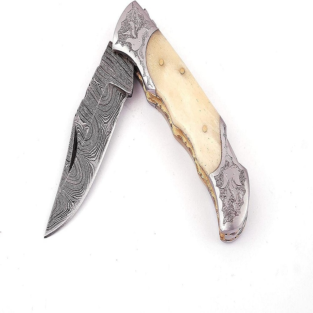 Handmade Damascus Steel Blade Engraved Bone Handle Edc Knives Outdoor Camping Hunting Folding Custom Pocket Knife