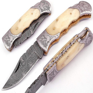 Handmade Damascus Steel Blade Engraved Bone Handle Edc Knives Outdoor Camping Hunting Folding Custom Pocket Knife