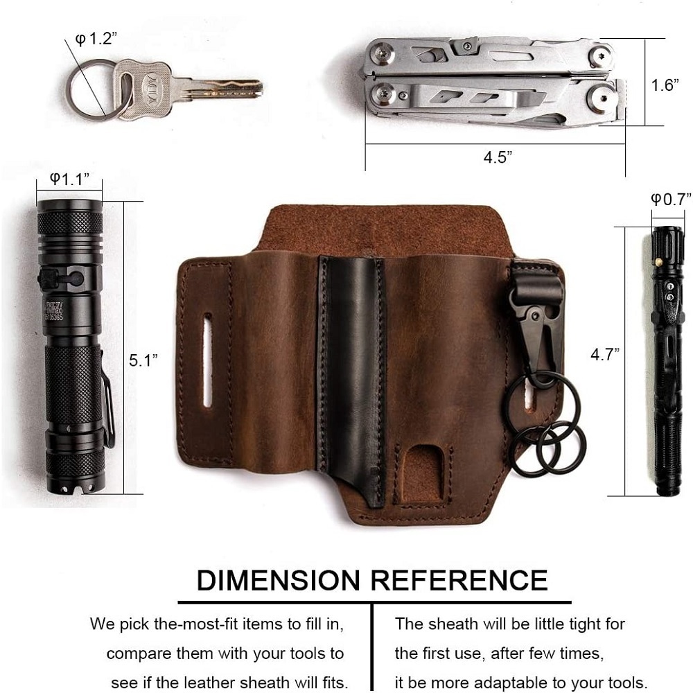 Multitool Sheath for Belt for Men Leather EDC Pocket Organizer with Pen Holder Key Fob Flashlight Sheath EDC Leather Pouch