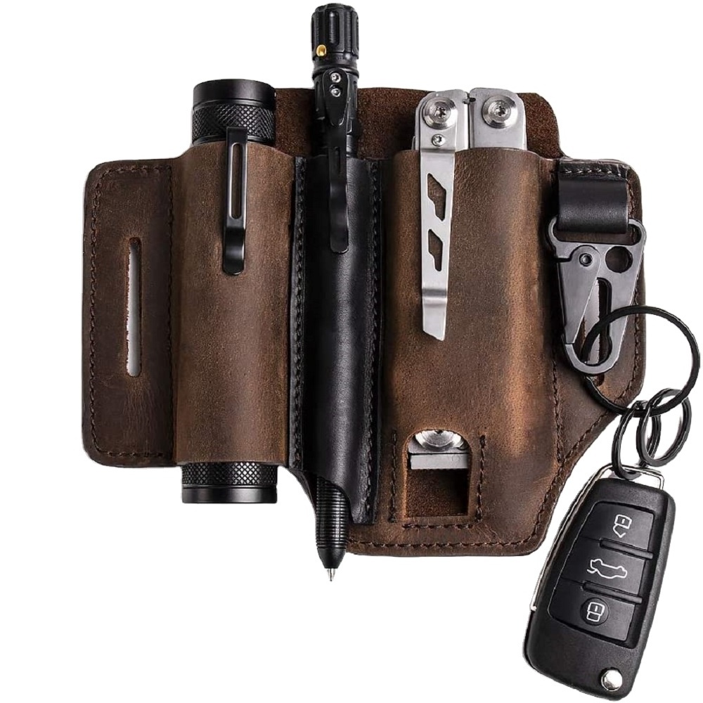 Multitool Sheath for Belt for Men Leather EDC Pocket Organizer with Pen Holder Key Fob Flashlight Sheath EDC Leather Pouch