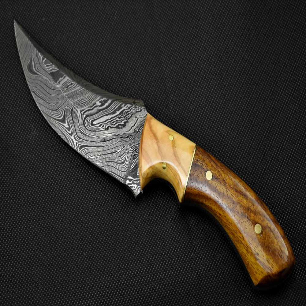 Custom Size Premium Damascus Steel Fixed Blade Outdoor Knife Rosewood Handle Twist Blade Pattern with free Leather Sheath