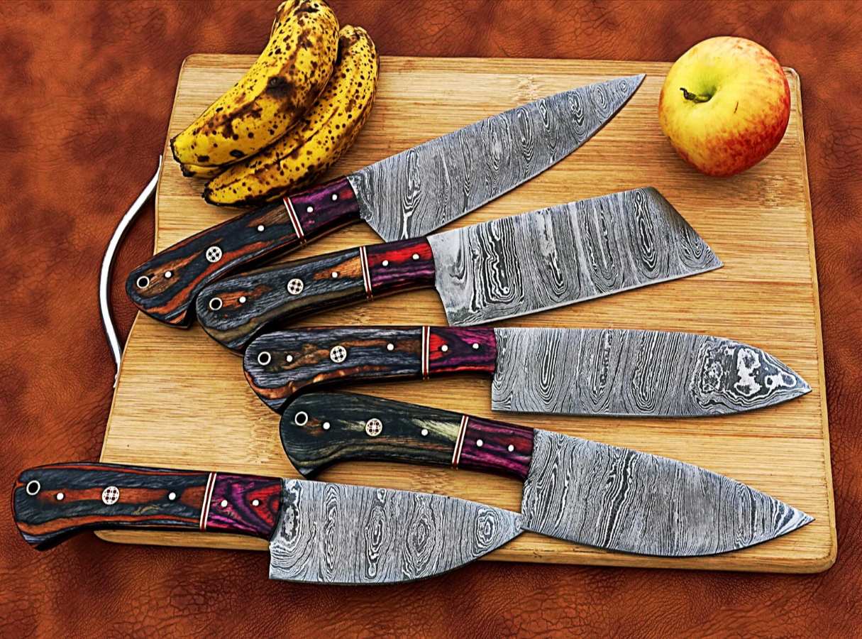 Handmade Damascus Kitchen Chef's Knife Set 5 Pieces Forging Mark Blades Kitchen Knives with Bag Model No 176