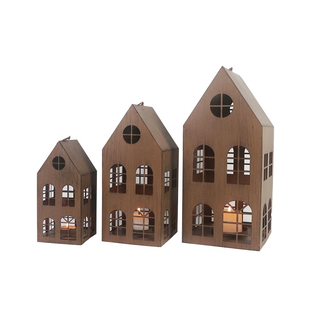 Foryoudecor Machine-made Antique Bronze 3D House Tealight Candle Lantern Set for Christmas Home Decoration