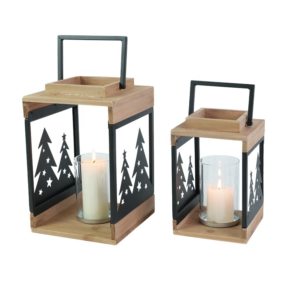 Foryoudecor Christmas wooden candle lantern set of 2 pine tree decorative pilar candle lantern