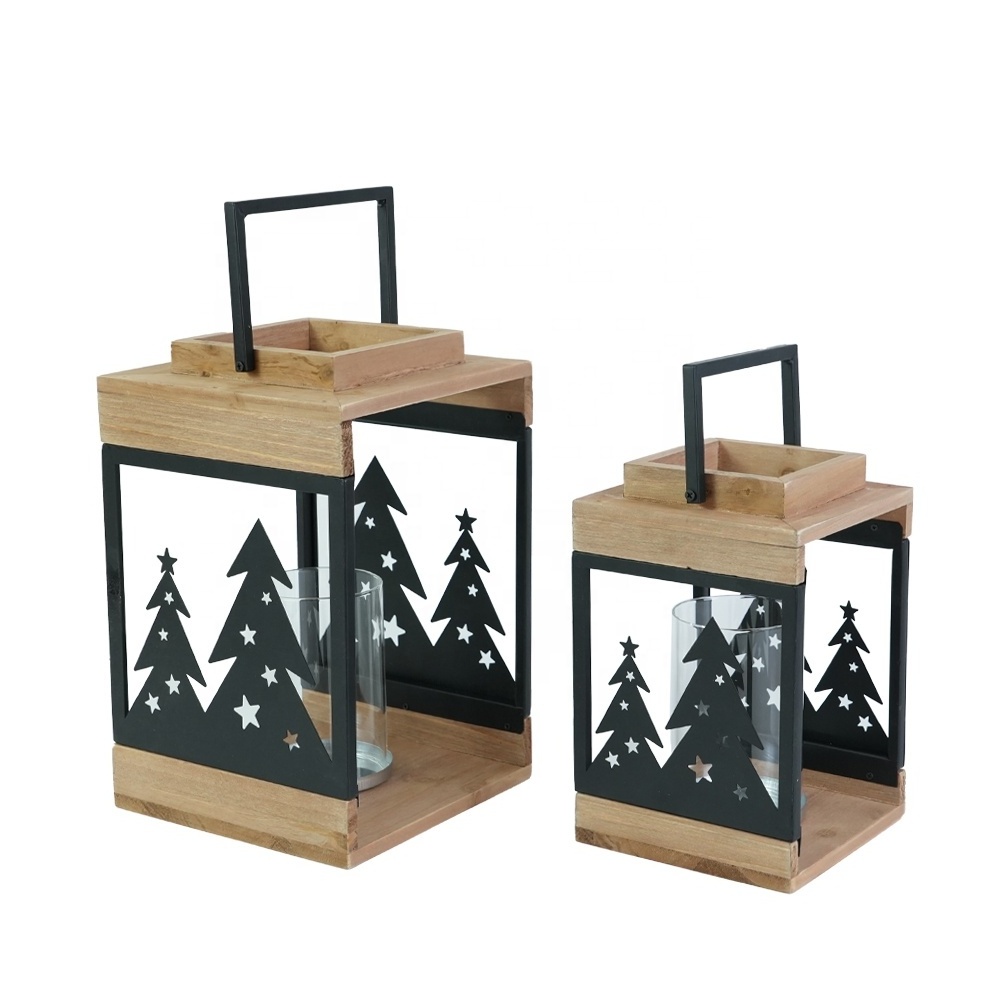 Foryoudecor Christmas wooden candle lantern set of 2 pine tree decorative pilar candle lantern