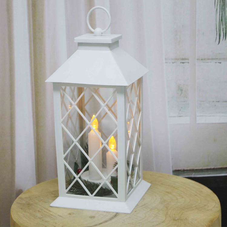 New Decorative Big White Plastic LED Candle Storm Lantern With Glass Panels