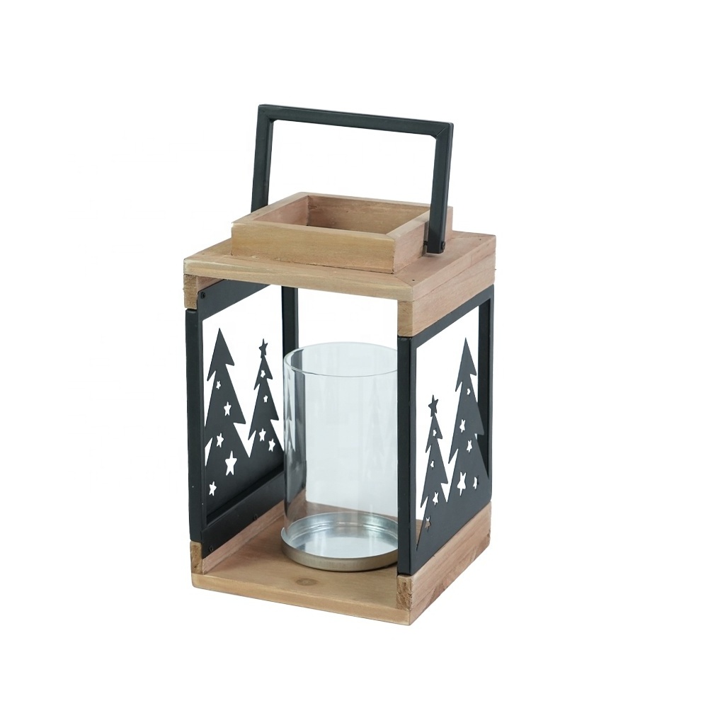 Foryoudecor Christmas wooden candle lantern set of 2 pine tree decorative pilar candle lantern