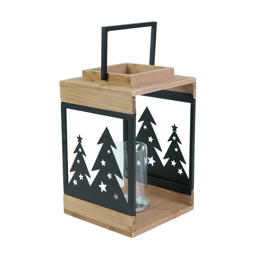 Foryoudecor Christmas wooden candle lantern set of 2 pine tree decorative pilar candle lantern