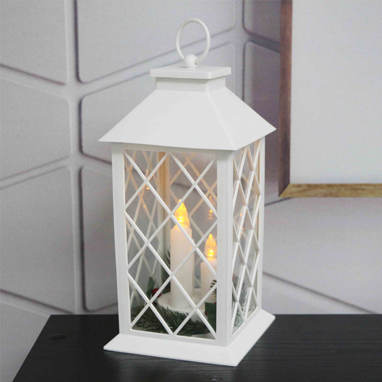 New Decorative Big White Plastic LED Candle Storm Lantern With Glass Panels